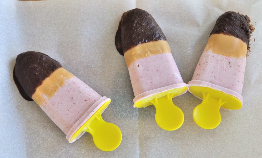 Vegan Fruit pops with peanut butter chocolate shell