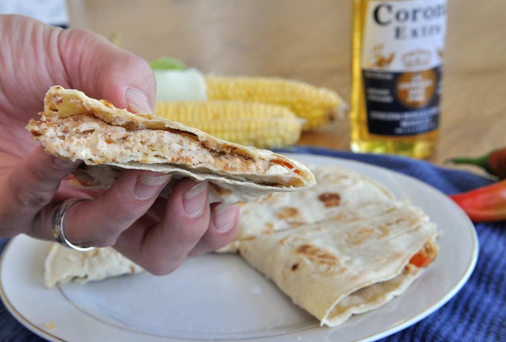 Vegan almond cheese and roasted peppers quasadillas