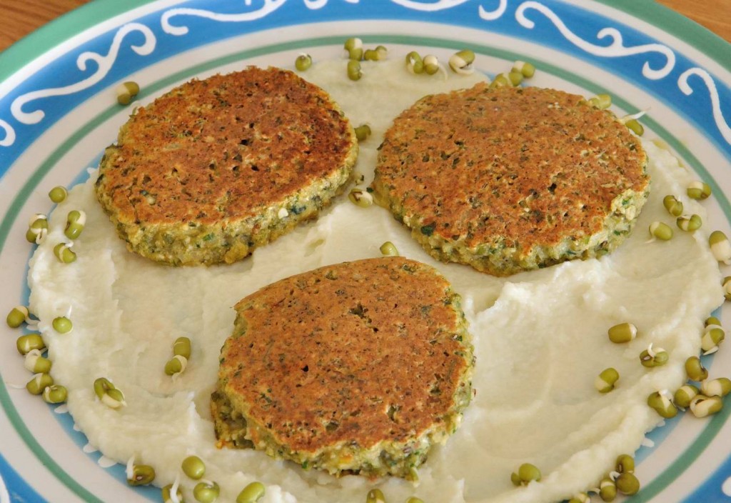 Mung Bean Patties Over Cauliflower Cream