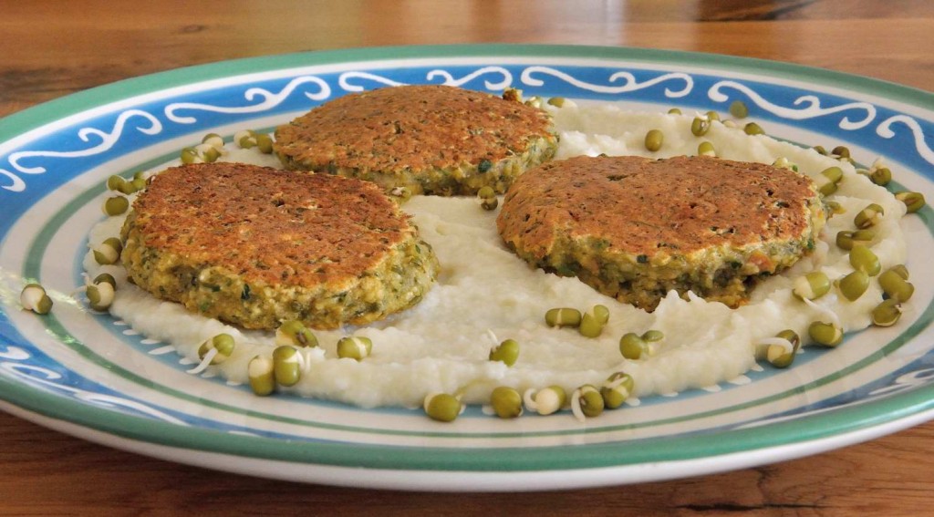 Mung Bean Patties Over Cauliflower Cream