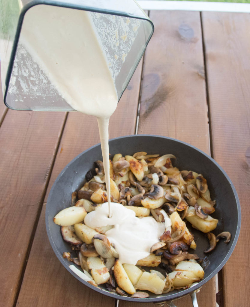 Pan Fried Potatoes With Mushrooms, Onions And Cashew Cream